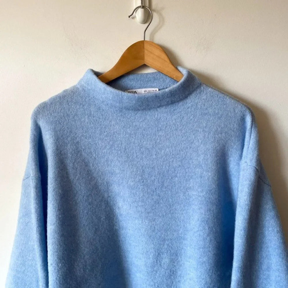 Zara Soft Knit Wool Blend Oversized High Neck Sweater Blue Size Small - Picture 2 of 6